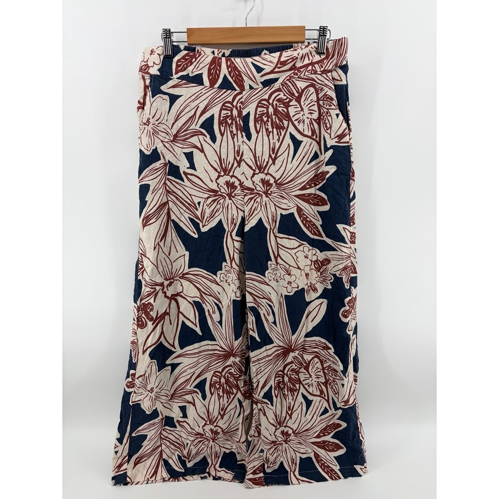 Rachel Zoe, Linen Blend, Navy/Cream/Rust Leaf Print, Wide Leg Pants, Size XL